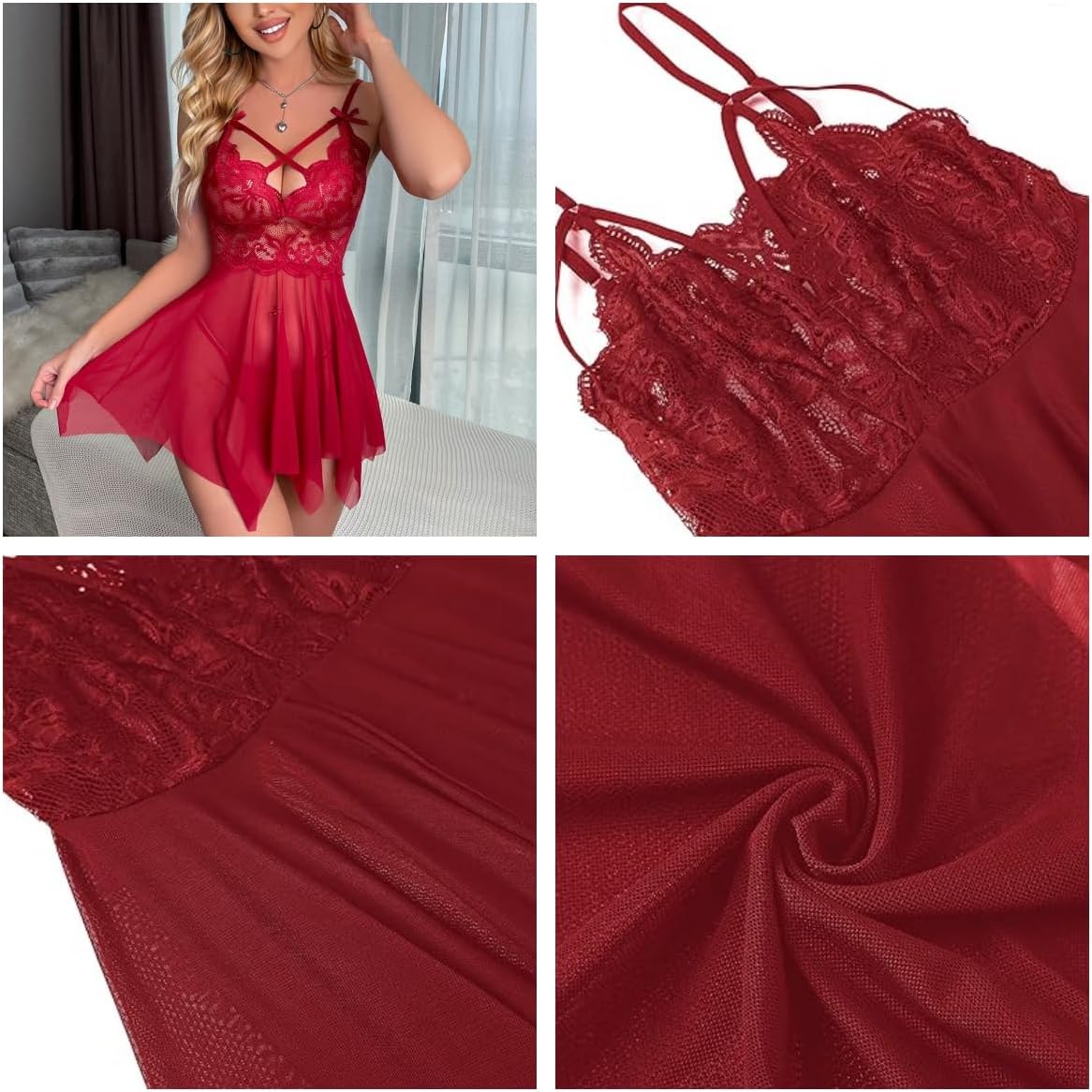 Sexy Lingerie Set for Women: V-Neck Lace Babydoll with Sheer Mesh & G-String - Bridal, Valentine's Naughty Nightwear Teddy See-Through Nightdress