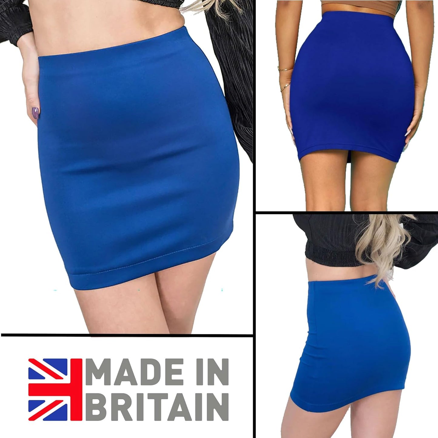 Royal blue mini skirt with smooth fabric, elastic waistband, and form-fitting design. Simple, solid color style for everyday wear