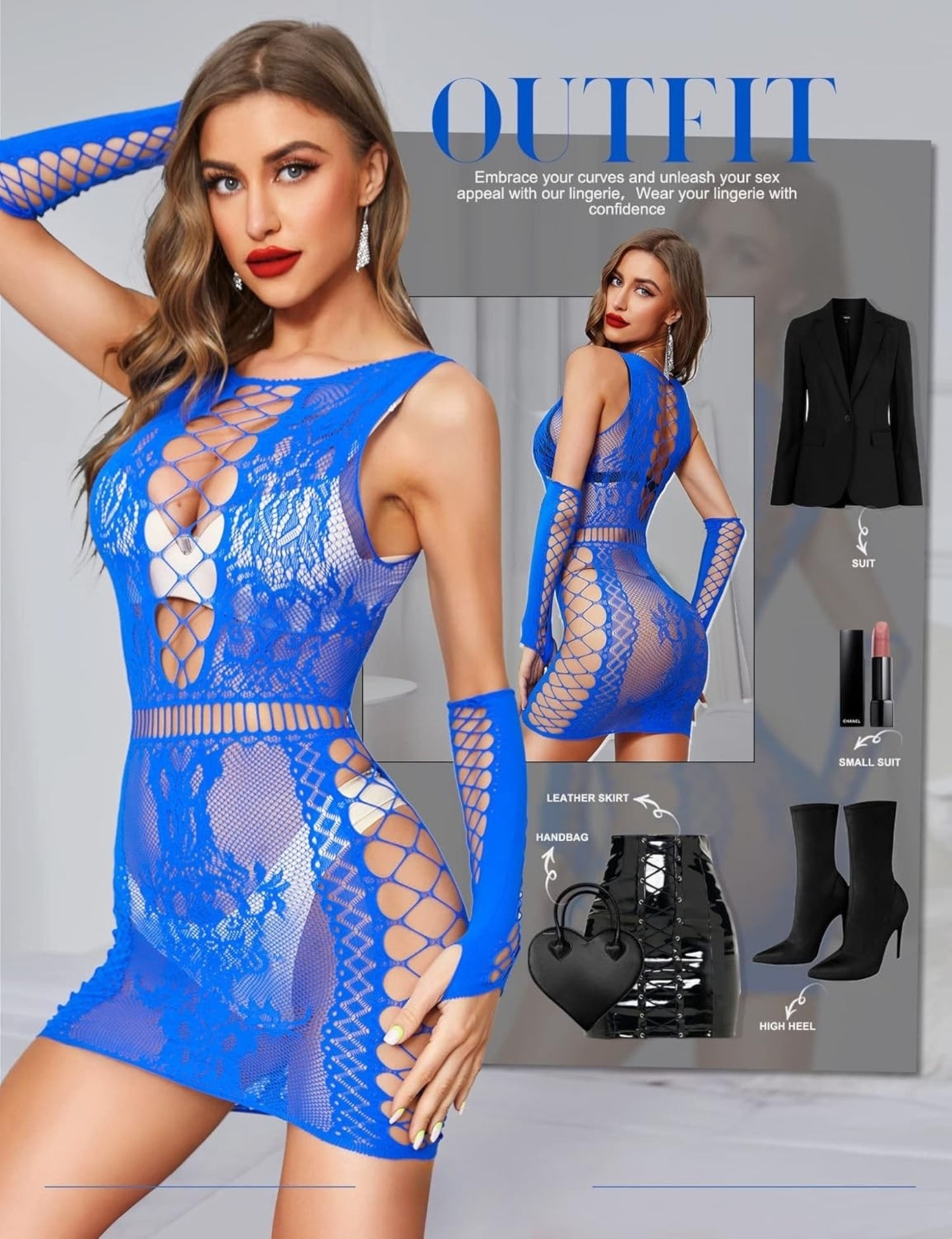 Women's Fishnet Bodysuit with Gloves - Sheer Stretch One-Piece Lingerie Nightwear (One Size)