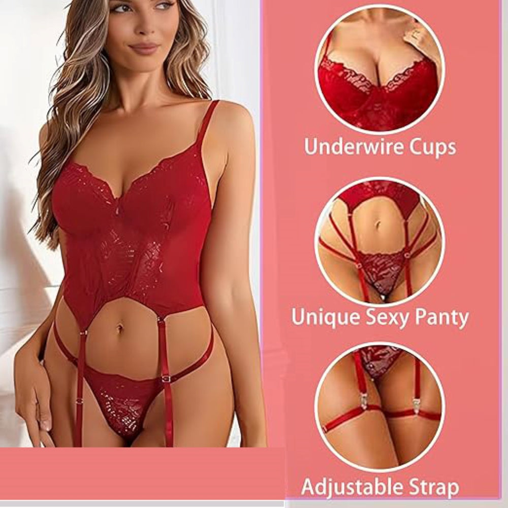 Women’s 3-Piece Sexy Floral Lace Lingerie Set | Underwire Push-Up Bra, High-Waisted Panties & Garter Belt | Wine Black Bridal Teddy Nightwear