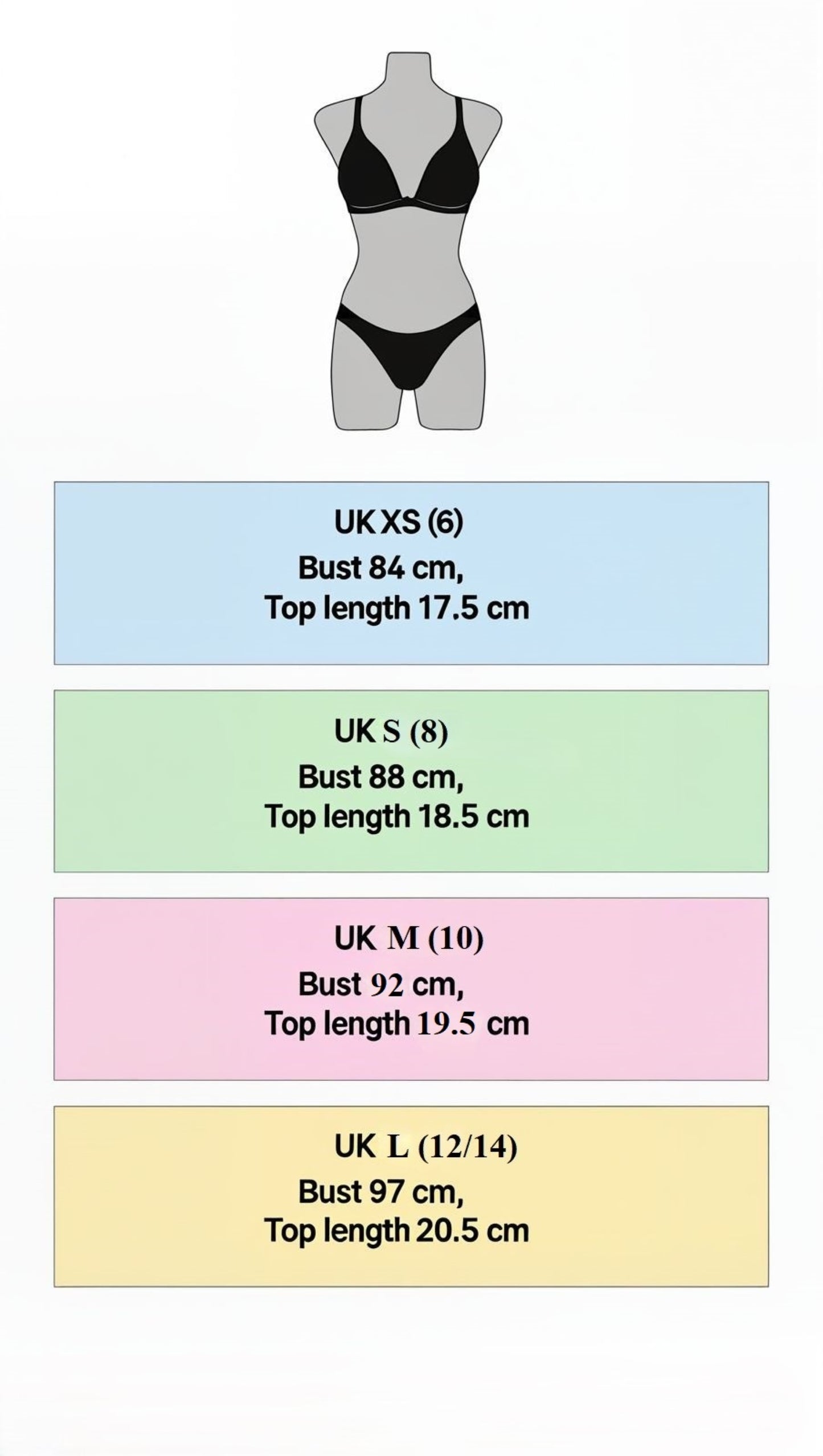Measurement chart for Bikini set for women sizes UK XS to UK L on a white background