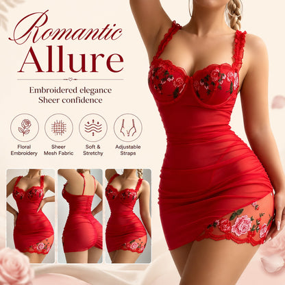 A red ruched lingerie dress with floral embroidery and sheer mesh panels, shown on a model against a soft beige background with promotional text and feature icons.