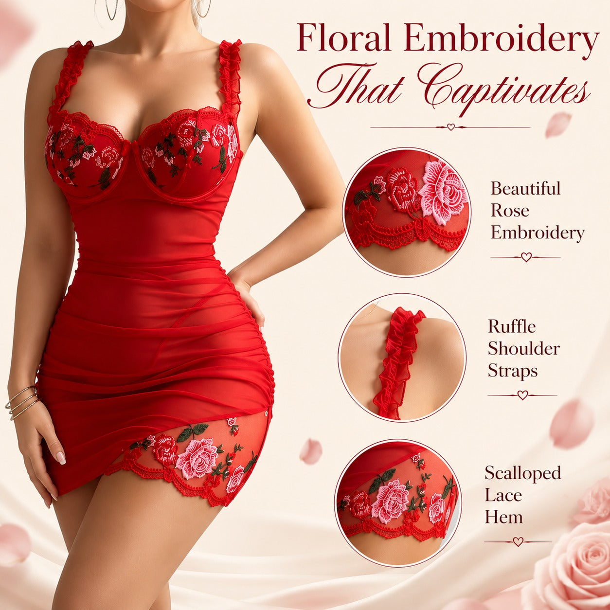 A woman models a red mini dress with floral rose embroidery, ruffled shoulder straps, and a scalloped lace hem. The image includes three circular detail insets highlighting the embroidery, straps, and hem, with text reading 'Floral Embroidery That Captivates' on a soft cream background with decorative rose graphics.