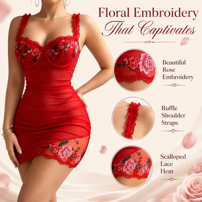 A woman models a red mini dress with floral rose embroidery, ruffled shoulder straps, and a scalloped lace hem. The image includes three circular detail insets highlighting the embroidery, straps, and hem, with text reading 'Floral Embroidery That Captivates' on a soft cream background with decorative rose graphics.