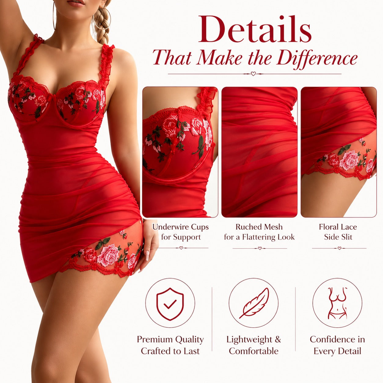 A woman models a red ruched lingerie dress with floral lace trim and underwire cups, alongside three detail inset photos and feature callouts on a white background.