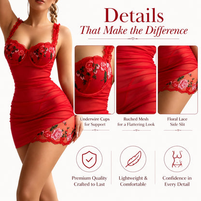A woman models a red ruched lingerie dress with floral lace trim and underwire cups, alongside three detail inset photos and feature callouts on a white background.