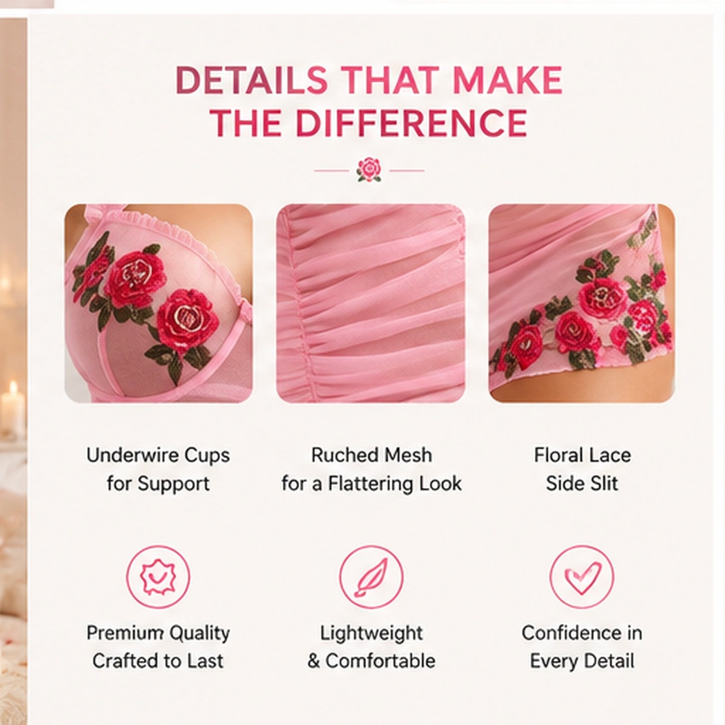 A promotional graphic for a pink underwire bra, titled 'DETAILS THAT MAKE THE DIFFERENCE,' showing three close-up detail panels: underwire cups for support, ruched mesh, and floral lace side slit. Text below highlights premium quality, lightweight comfort, and confidence in every detail.