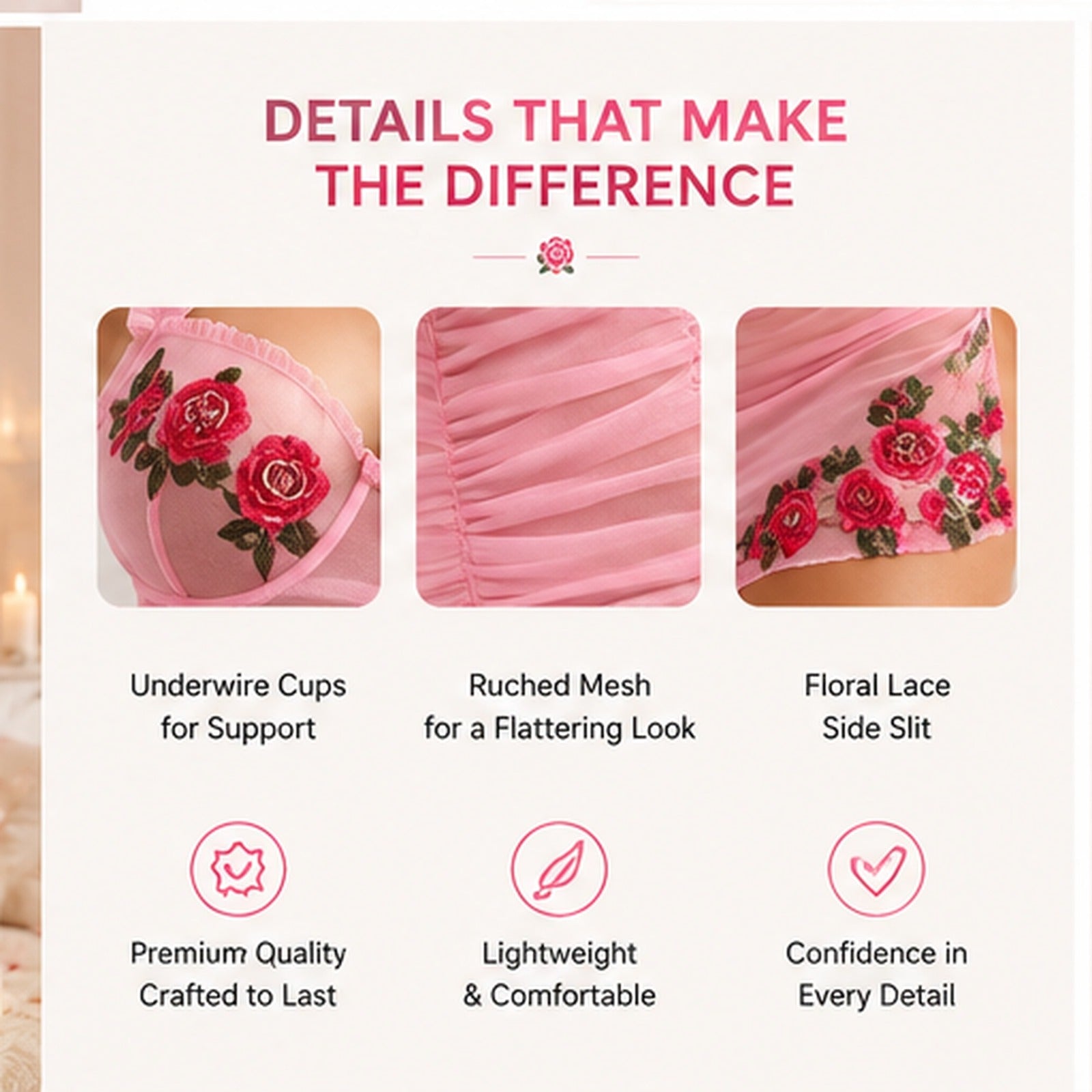 A promotional graphic for a pink underwire bra, titled 'DETAILS THAT MAKE THE DIFFERENCE,' showing three close-up detail panels: underwire cups for support, ruched mesh, and floral lace side slit. Text below highlights premium quality, lightweight comfort, and confidence in every detail.