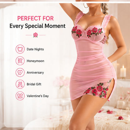 A woman models a light pink ruched lingerie dress with rose floral embroidery on the bust and upper thigh. The image includes a text overlay on the left reading 'PERFECT FOR Every Special Moment' with icons for Date Nights, Honeymoon, Anniversary, Bridal Gift, and Valentine's Day.