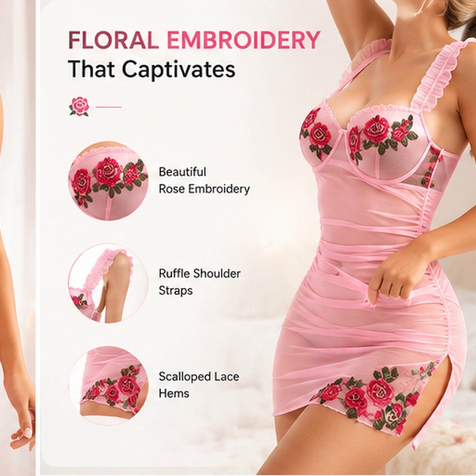 Pink sheer babydoll lingerie dress with floral rose embroidery, ruffle shoulder straps, and scalloped lace hems, shown on a model with feature callout circles and text on a light background.