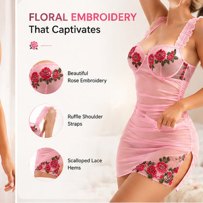 Pink sheer babydoll lingerie dress with floral rose embroidery, ruffle shoulder straps, and scalloped lace hems, shown on a model with feature callout circles and text on a light background.