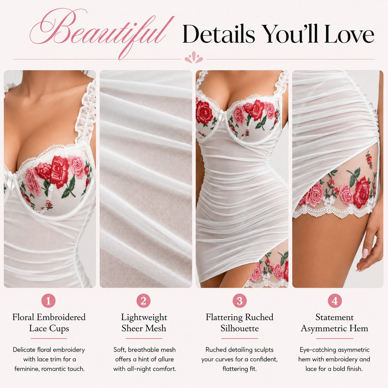 A promotional infographic detailing the features of a white sheer lingerie chemise with red rose embroidery. The graphic shows four panels highlighting the floral lace cups, sheer mesh fabric, ruched silhouette, and asymmetric hem, with descriptive text and numbered callouts.