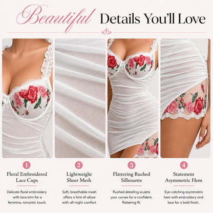 A promotional infographic detailing the features of a white sheer lingerie chemise with red rose embroidery. The graphic shows four panels highlighting the floral lace cups, sheer mesh fabric, ruched silhouette, and asymmetric hem, with descriptive text and numbered callouts.
