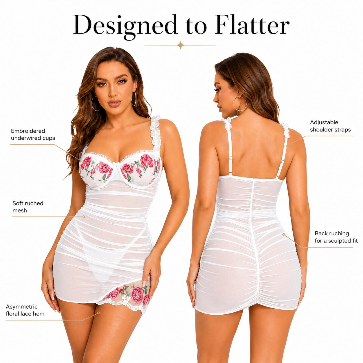 A white sheer babydoll lingerie dress with floral embroidery on the cups and hem, shown on a model from both front and back views with text callouts highlighting features like embroidered underwire cups, adjustable shoulder straps, and back ruching.