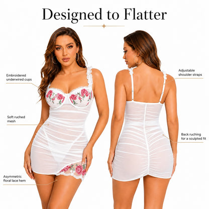 A white sheer babydoll lingerie dress with floral embroidery on the cups and hem, shown on a model from both front and back views with text callouts highlighting features like embroidered underwire cups, adjustable shoulder straps, and back ruching.