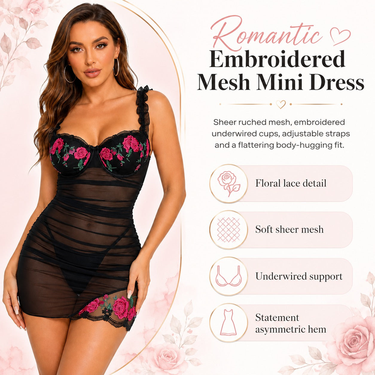A woman models a black sheer mesh mini dress with pink floral lace embroidery on the bust and upper thigh. The image includes descriptive text and feature callouts on a soft pink floral background.