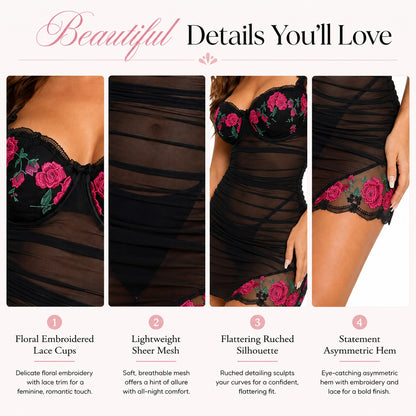 A promotional infographic showing four close-up views of a black sheer lace lingerie bodysuit with pink and green floral embroidery. The panels highlight features such as floral embroidered lace cups, lightweight sheer mesh, flattering ruched silhouette, and an asymmetric hem.