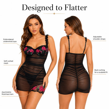 A model shown front and back wearing a black sheer mini dress with floral embroidery on the bust and hem, plus callout labels and the headline 'Designed to Flatter' on a white background.