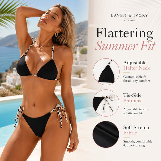 A woman modeling a black string bikini with decorative beaded side ties, posed by a pool with text callouts on the right reading 'Flattering Summer Fit' and 'Adjustable Halter Neck,' 'Tie-Side Bottoms,' and 'Soft Stretch Fabric.' Brand text 'LAVEN & IVORY LONDON' appears at the top.