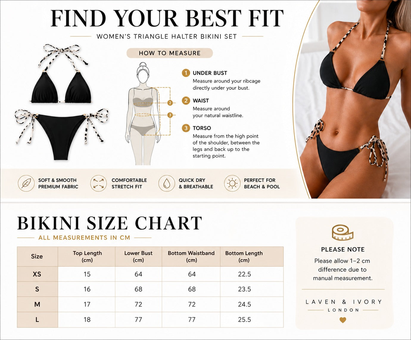 A promotional sizing and fit guide for a women's triangle halter bikini set by Laven & Ivory. The graphic includes a black bikini with white bow details, a step-by-step 'How to Measure' diagram with body measurement points, a bikini size chart table from XS to L, and a lifestyle photo of a model wearing the black halter bikini.