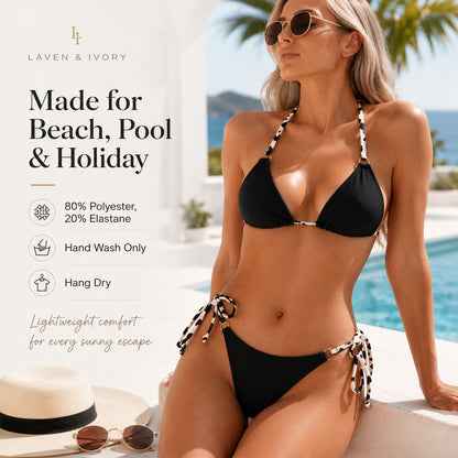 A woman wearing a black string bikini with patterned ties sits by a pool at a beach, with promotional text on the left reading 'Made for Beach, Pool & Holiday' and 'LAVEN & IVORY'.