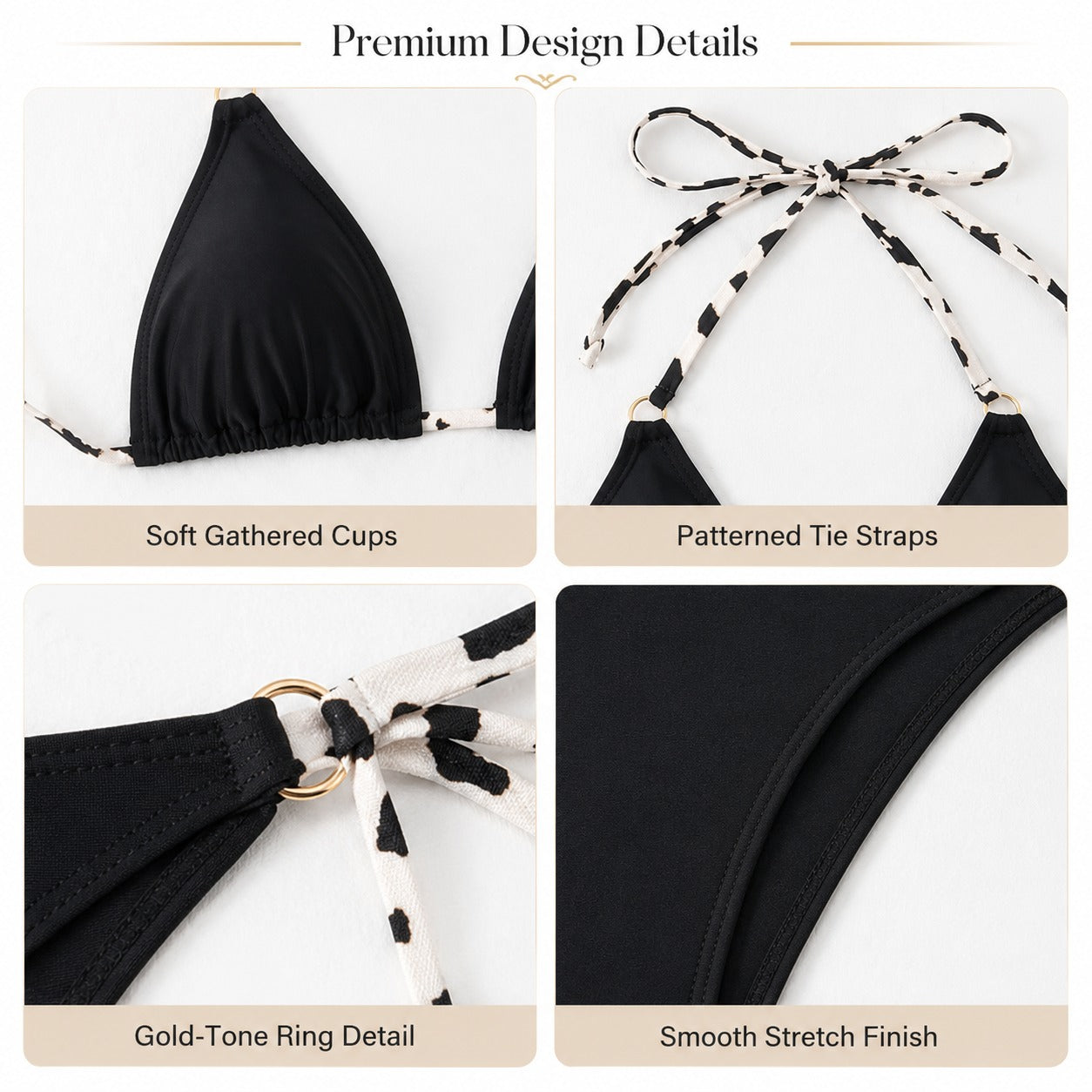 Four-panel product detail collage for a bikini top on a white background, with the heading 'Premium Design Details.' The panels show close-ups of soft gathered cups, patterned tie straps, a gold-tone ring detail, and smooth stretch finish.