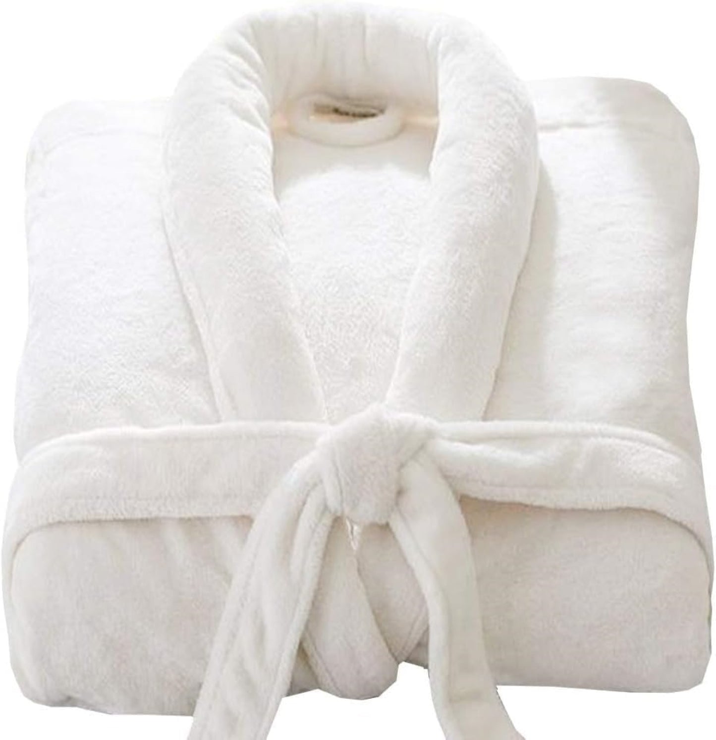 White plush bathrobe with a shawl collar and tie belt, displayed on a white background.