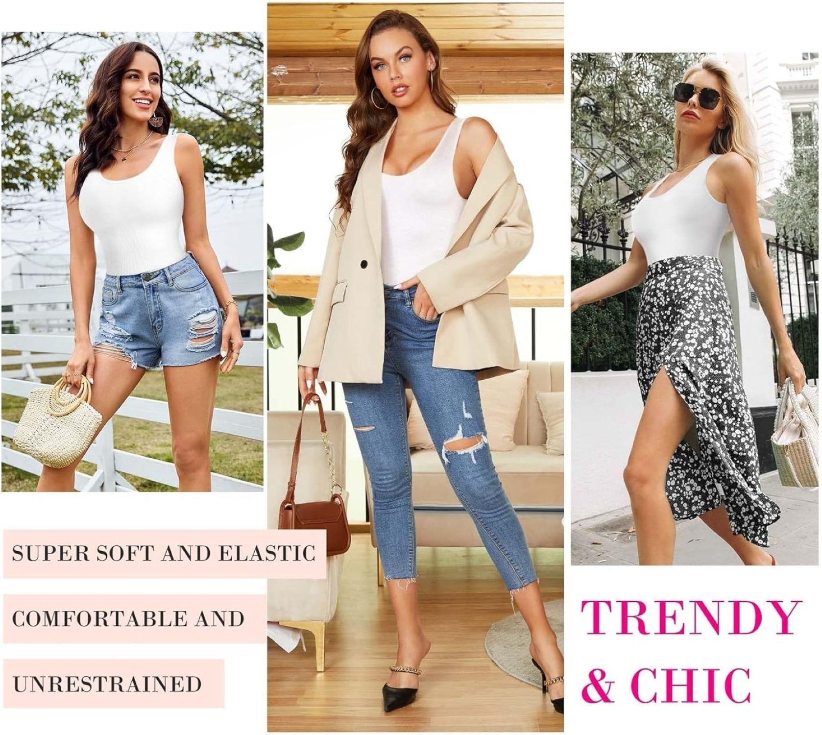 Collage of women wearing white tank tops with various outfits including denim shorts, ripped jeans, and floral skirts, showcasing comfort and style