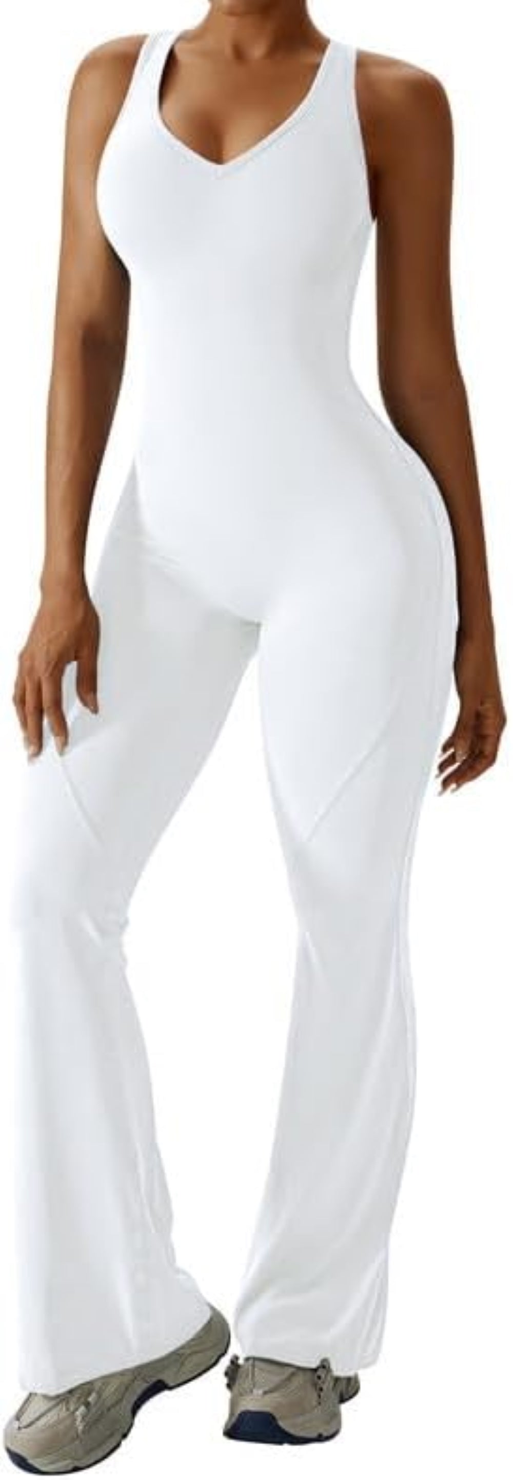 Women's Flared Jumpsuit – Sexy Backless Tight Fitted Sleeveless Racerback Bodysuit with U-Neck and Removable Padding – Wide-Leg Bodycon Unitard Outfit for Yoga and Fitness