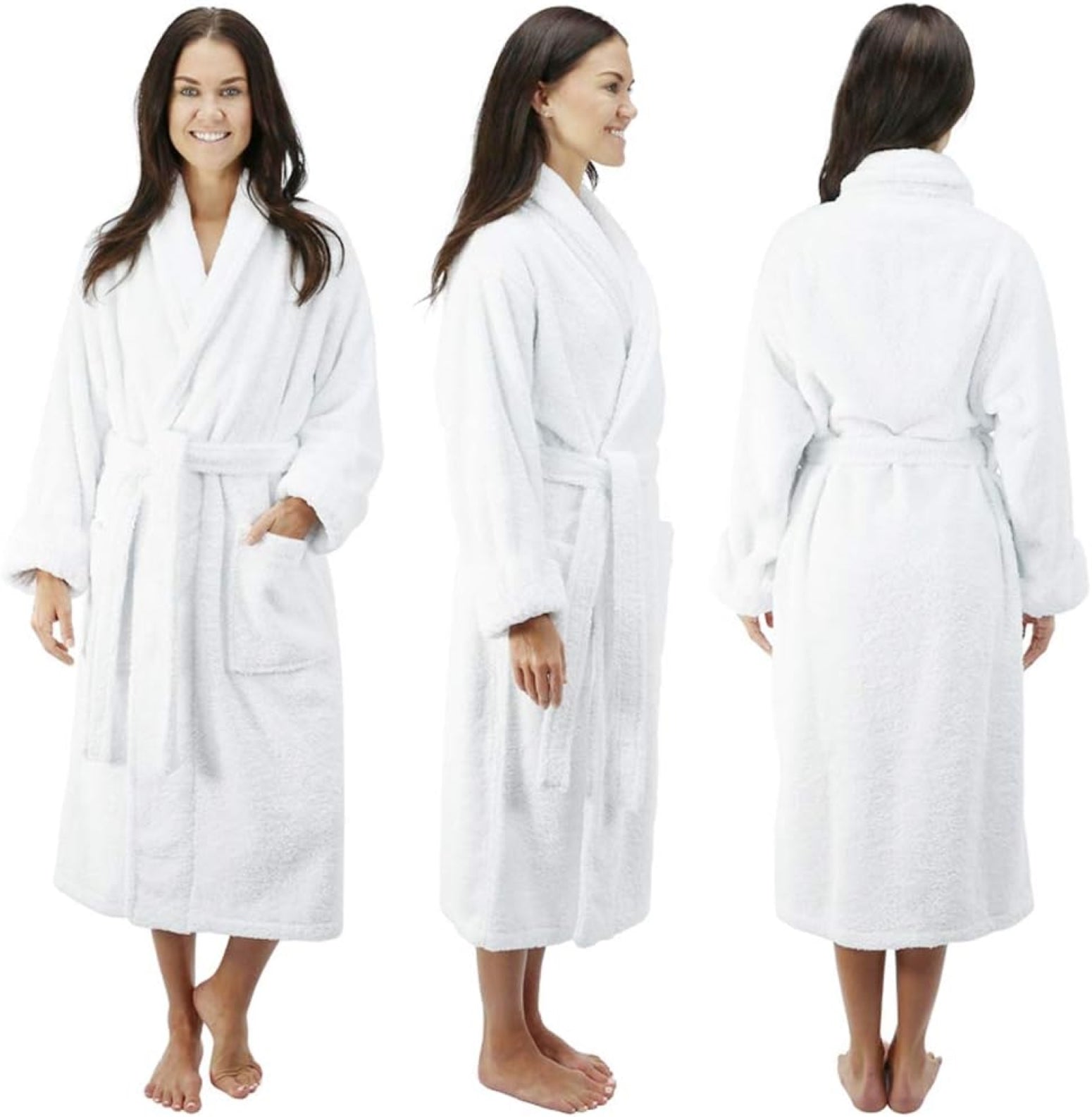 Model showcasing a white bathrobe from three different angles: front, side, and back, with a shawl collar and belt.