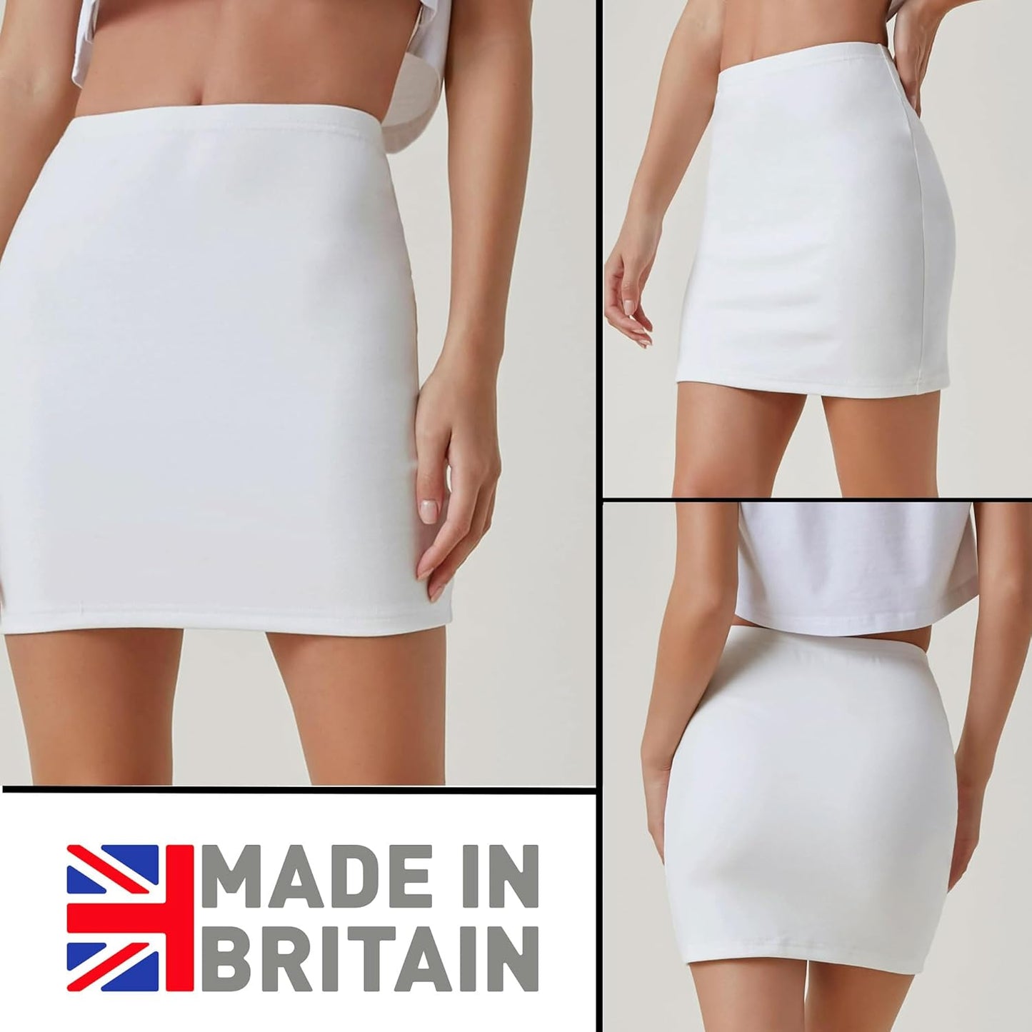 White mini skirt with smooth fabric and elastic waistband. Simple, form-fitting design for casual wear.