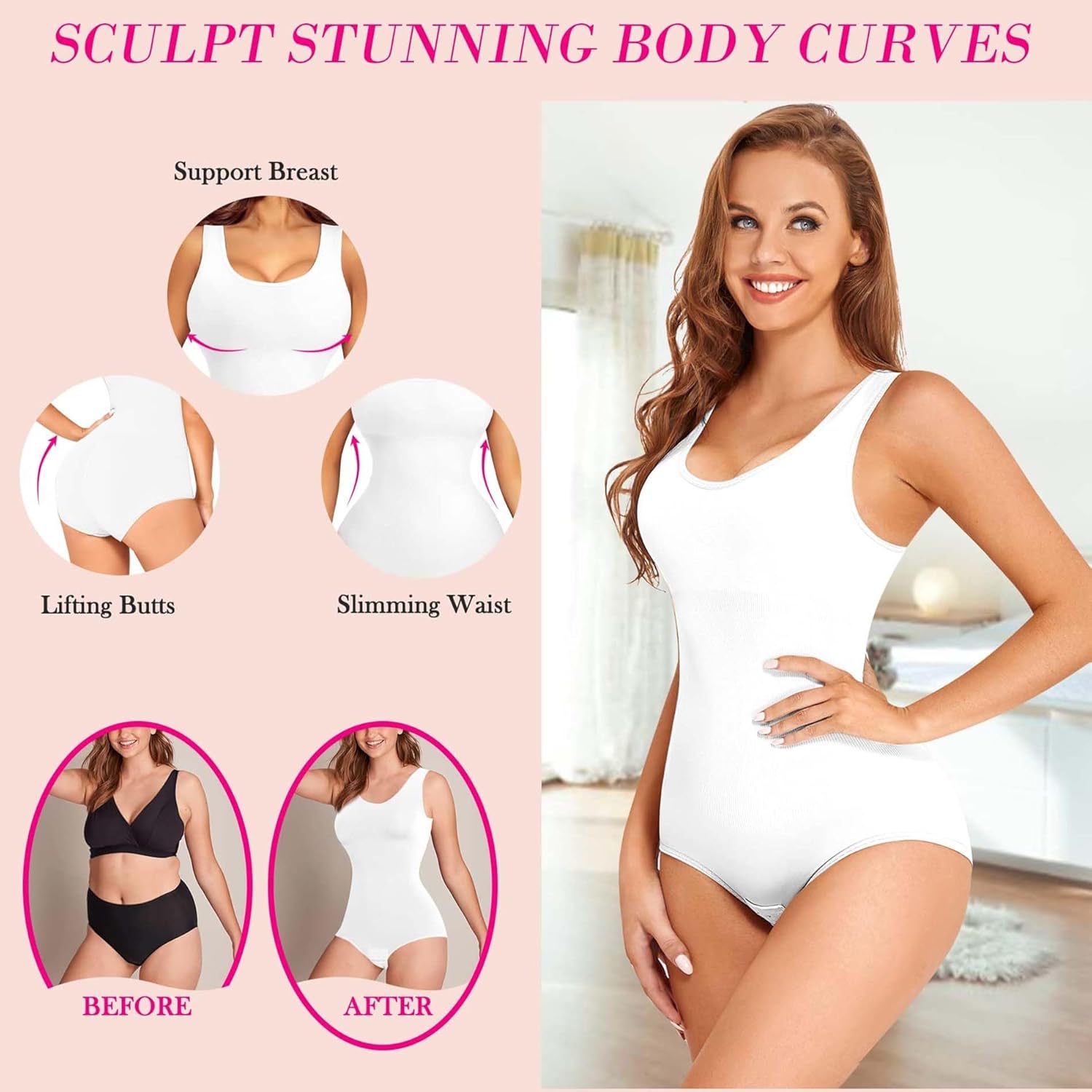 Comparison of white bodysuit effects on body shape, highlighting support, lift, and slimming features