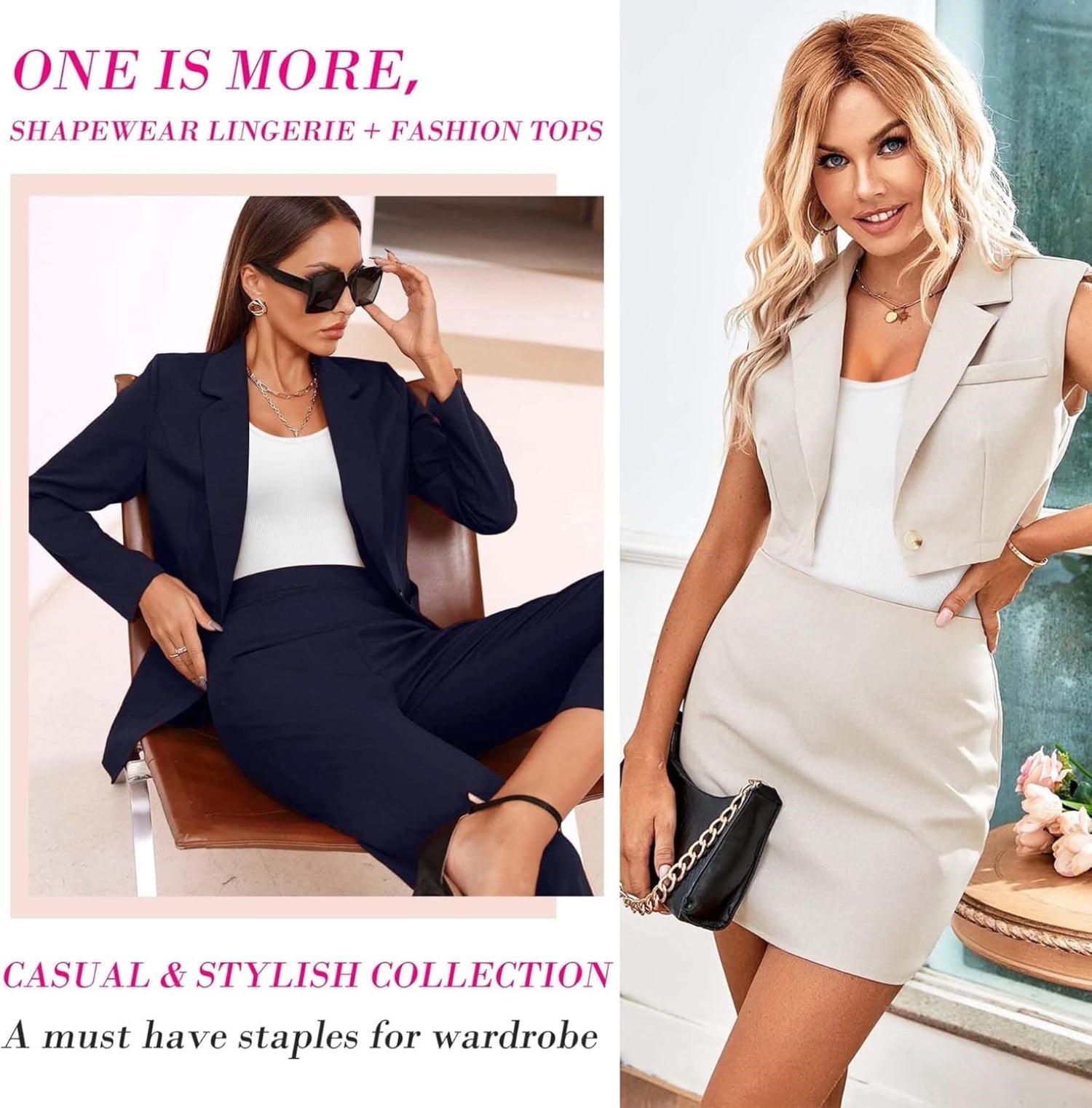 Women wearing versatile white tops under stylish blazers and suits, showcasing a casual yet chic fashion collection.
