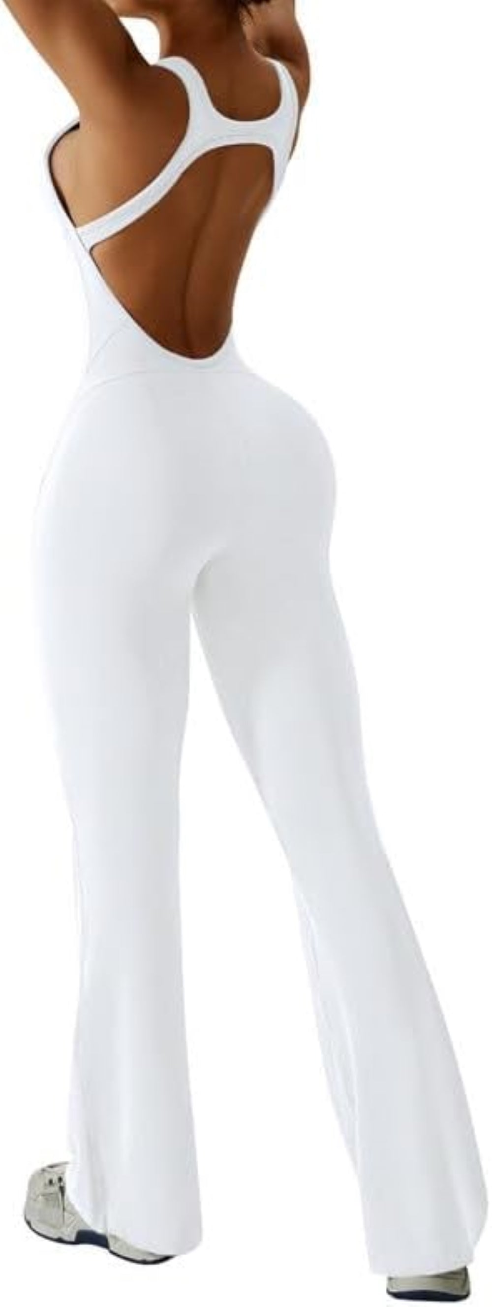 Women's Flared Jumpsuit – Sexy Backless Tight Fitted Sleeveless Racerback Bodysuit with U-Neck and Removable Padding – Wide-Leg Bodycon Unitard Outfit for Yoga and Fitness