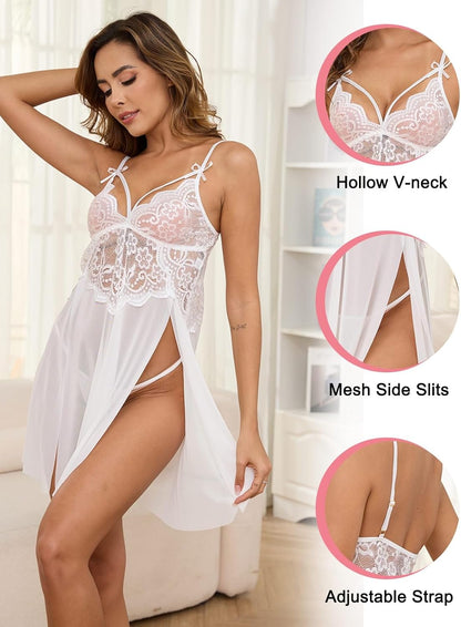 Women Sheer Lace Babydoll Sexy Lingerie Set – Naughty V-Neck Teddy with G-String Thong | Valentine’s Nightwear Mini Skirt, Bridal Chemise Negligee (Wine Red/White/Black)