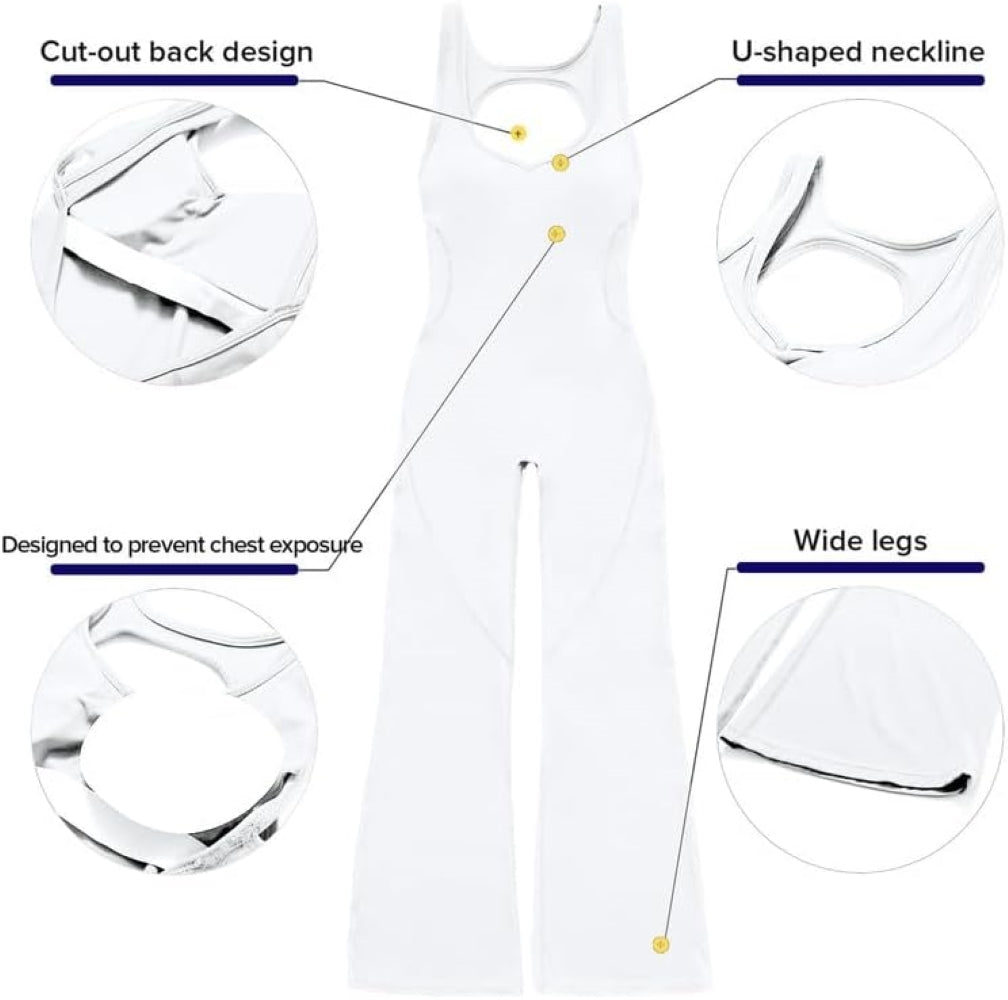 Women's Flared Jumpsuit – Sexy Backless Tight Fitted Sleeveless Racerback Bodysuit with U-Neck and Removable Padding – Wide-Leg Bodycon Unitard Outfit for Yoga and Fitness