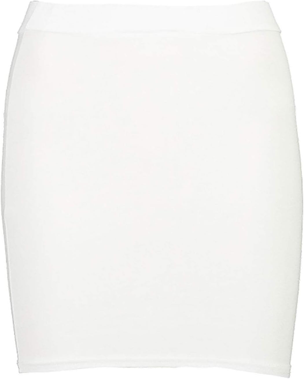 White mini skirt with smooth fabric and elastic waistband. Simple, form-fitting design for casual wear.