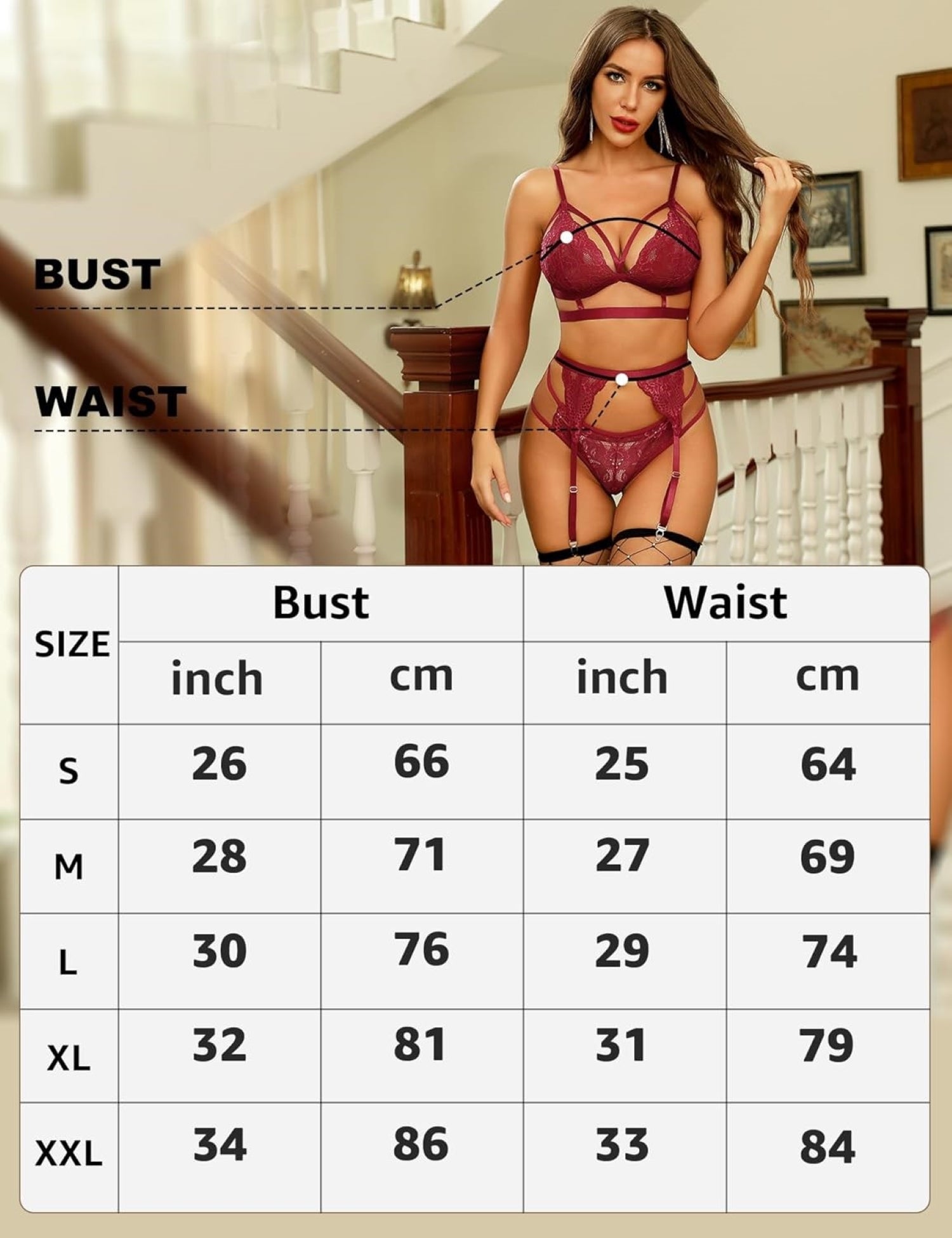 Size chart for lace lingerie set, with model posing to indicate bust and waist measurements.