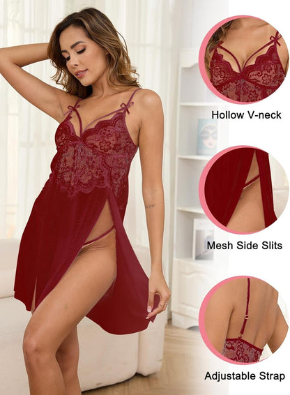 Women Sheer Lace Babydoll Sexy Lingerie Set – Naughty V-Neck Teddy with G-String Thong | Valentine’s Nightwear Mini Skirt, Bridal Chemise Negligee (Wine Red/White/Black)