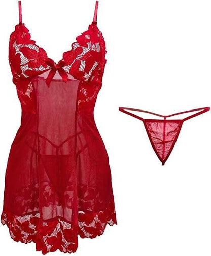 Womens Mesh Floral Lingerie Nightwear 2 Pieces, Lace Spaghetti Strap Nightdress Chemises with G-String for Women UK, Ladies Sheer Bow Tie Negligees V Neck Babydoll Nightgown