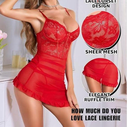 Laven & Ivory Babydoll Lace Lingerie Set for Women – Underwired Mesh Chemise Nightwear | Bridal Womenswear Lingerie | Comfortable Breathable Lingerie for Hen Nights, Anniversary & Trousseau