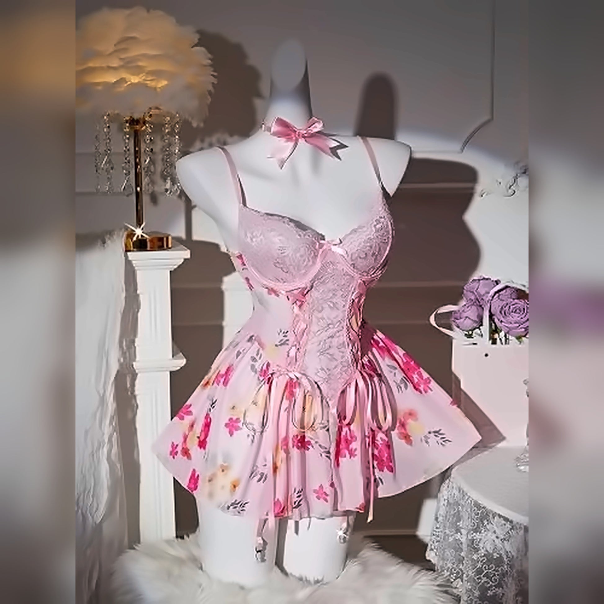 Laven & Ivory pink lace babydoll nightdress on mannequin with suspenders
