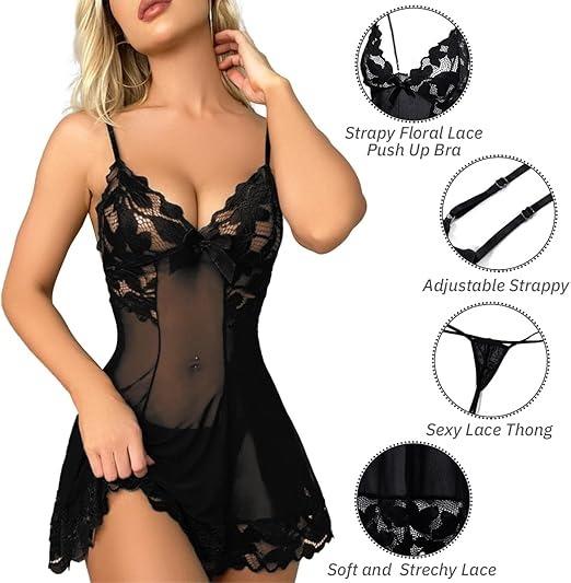 Womens Mesh Floral Lingerie Nightwear 2 Pieces, Lace Spaghetti Strap Nightdress Chemises with G-String for Women UK, Ladies Sheer Bow Tie Negligees V Neck Babydoll Nightgown