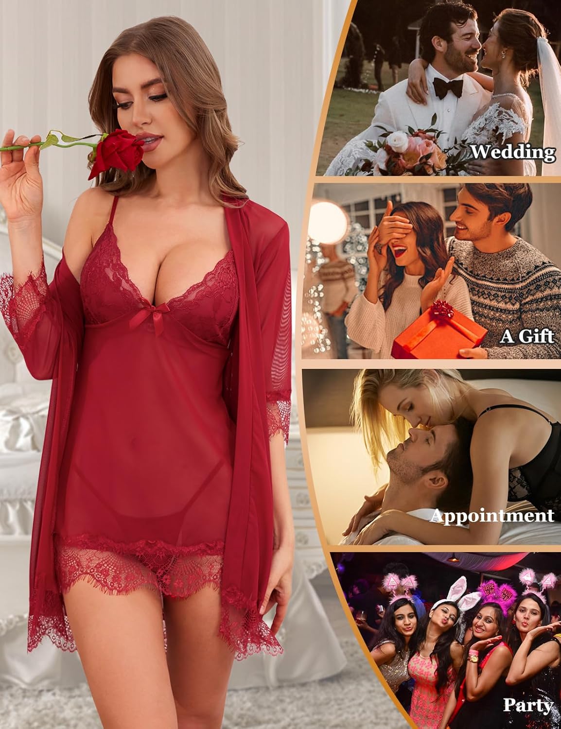 Laven & Ivory Sexy Lingerie for Women Sets Nightwear with G-String Robe Lace Babydoll Mesh Chemise Nightdress Sleepwear V Neck Dress Bridal Lingerie