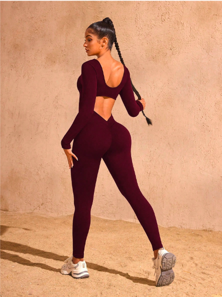 Women's Seamless Hollow Back Long Sleeve Jumpsuit – High Waisted Yoga Catsuit for Fitness & Studio | Stretchy, Backless Activewear