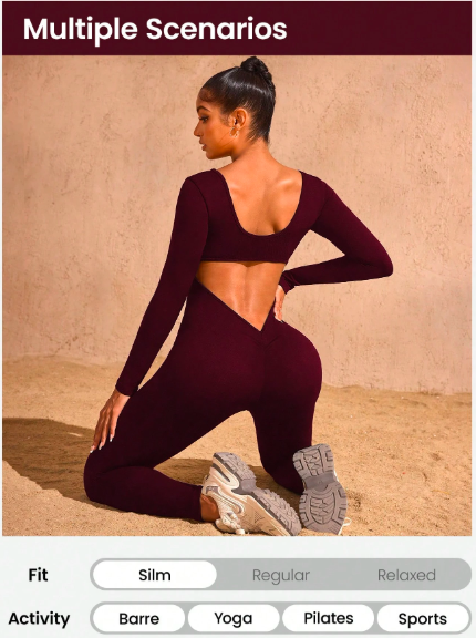 Women's Seamless Hollow Back Long Sleeve Jumpsuit – High Waisted Yoga Catsuit for Fitness & Studio | Stretchy, Backless Activewear