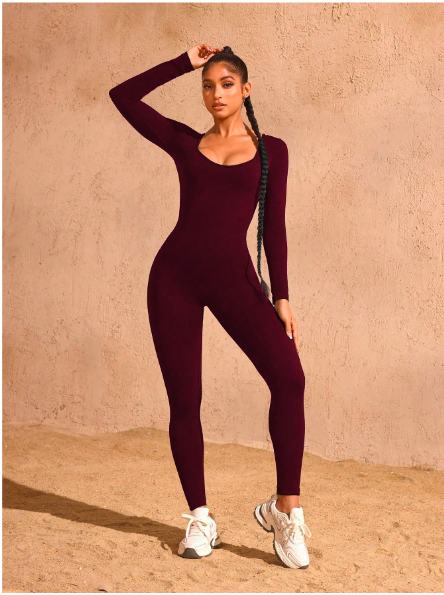 Women's Seamless Hollow Back Long Sleeve Jumpsuit – High Waisted Yoga Catsuit for Fitness & Studio | Stretchy, Backless Activewear