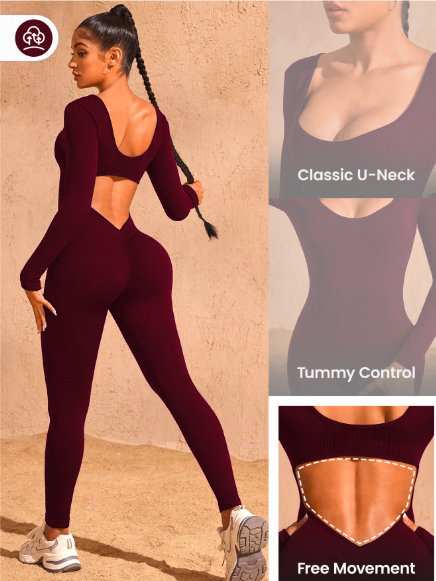 Women's Seamless Hollow Back Long Sleeve Jumpsuit – High Waisted Yoga Catsuit for Fitness & Studio | Stretchy, Backless Activewear