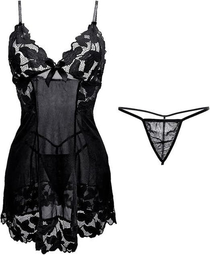 Womens Mesh Floral Lingerie Nightwear 2 Pieces, Lace Spaghetti Strap Nightdress Chemises with G-String for Women UK, Ladies Sheer Bow Tie Negligees V Neck Babydoll Nightgown