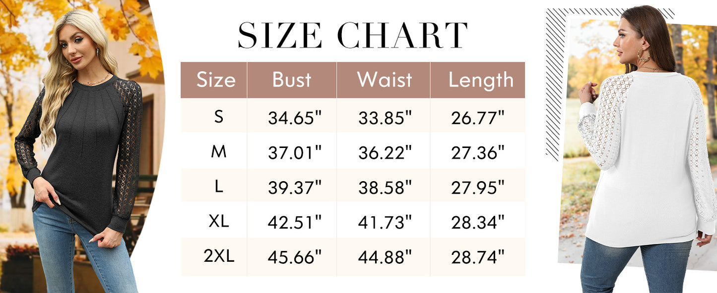 Womens Tops Ladies Tops Lace Long Sleeve Crew Neck Pleated Shirt Long Sleeve Tops Women